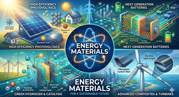 Energy materials infographic covering photovoltaics, batteries, hydrogen, and composites
